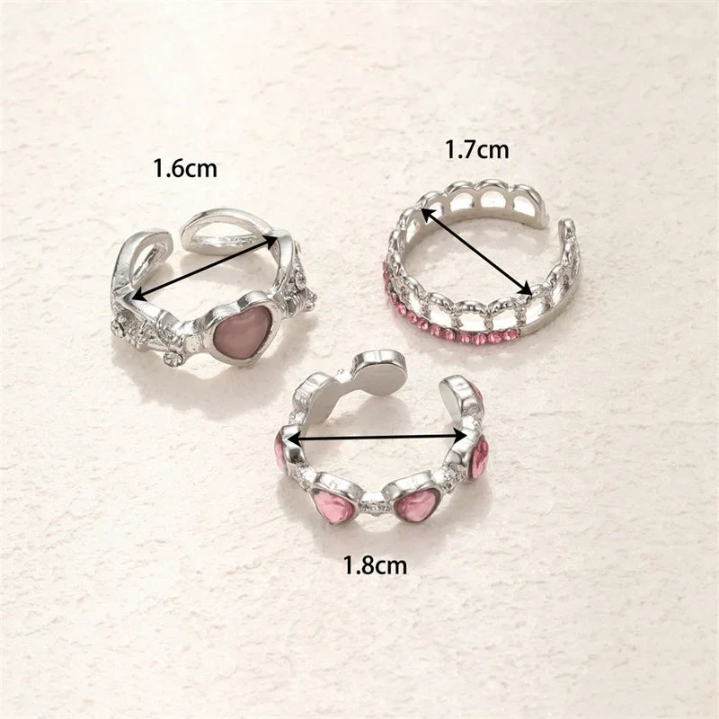 3PCS Heart Zircon Open Ring Set - Y2K Gothic Fashion Jewelry Accessories for Women & Girls