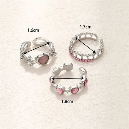 3PCS Heart Zircon Open Ring Set - Y2K Gothic Fashion Jewelry Accessories for Women & Girls