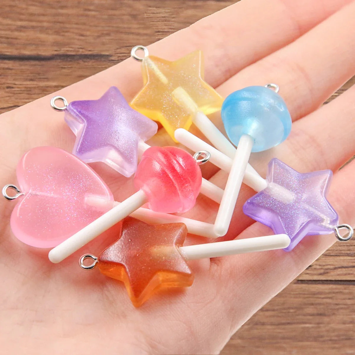 10pcs 3D Candy Charms - Star, Heart & Lollipop Pendants for DIY Keychains, Bracelets, Earrings & Jewelry Making