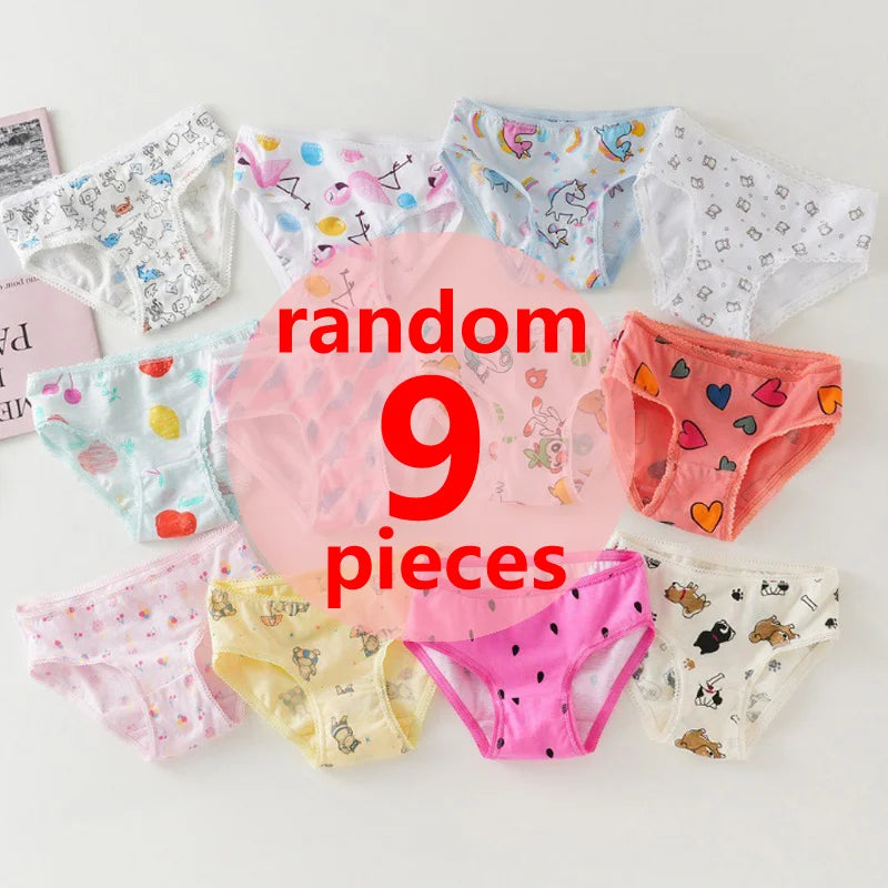 3/6/9/12 Pcs Cotton Girls Kids Underwear - Cute Cartoon Print Briefs with Lace Trim Soft Children Short Panties
