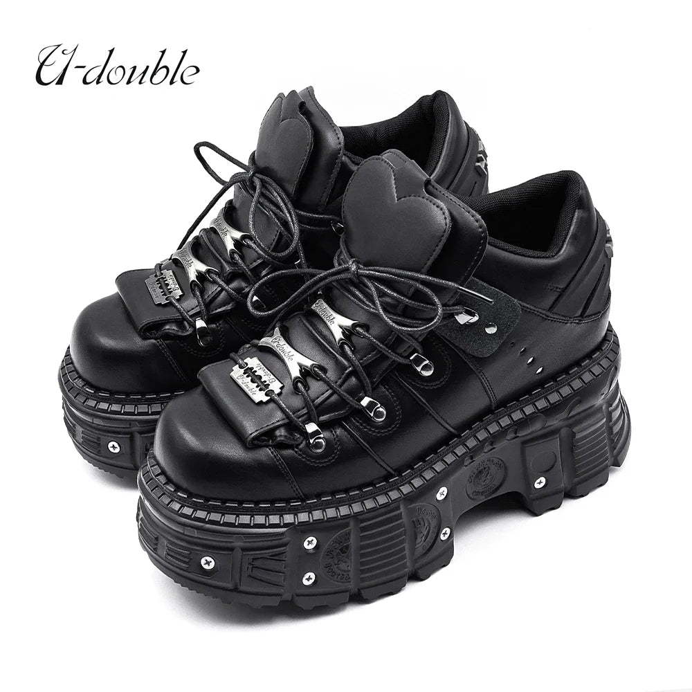 New Punk Style Lace-up Women’s Platform Boots with 6CM Heel, Gothic Rock Ankle Boots, Metal Decor Sneakers