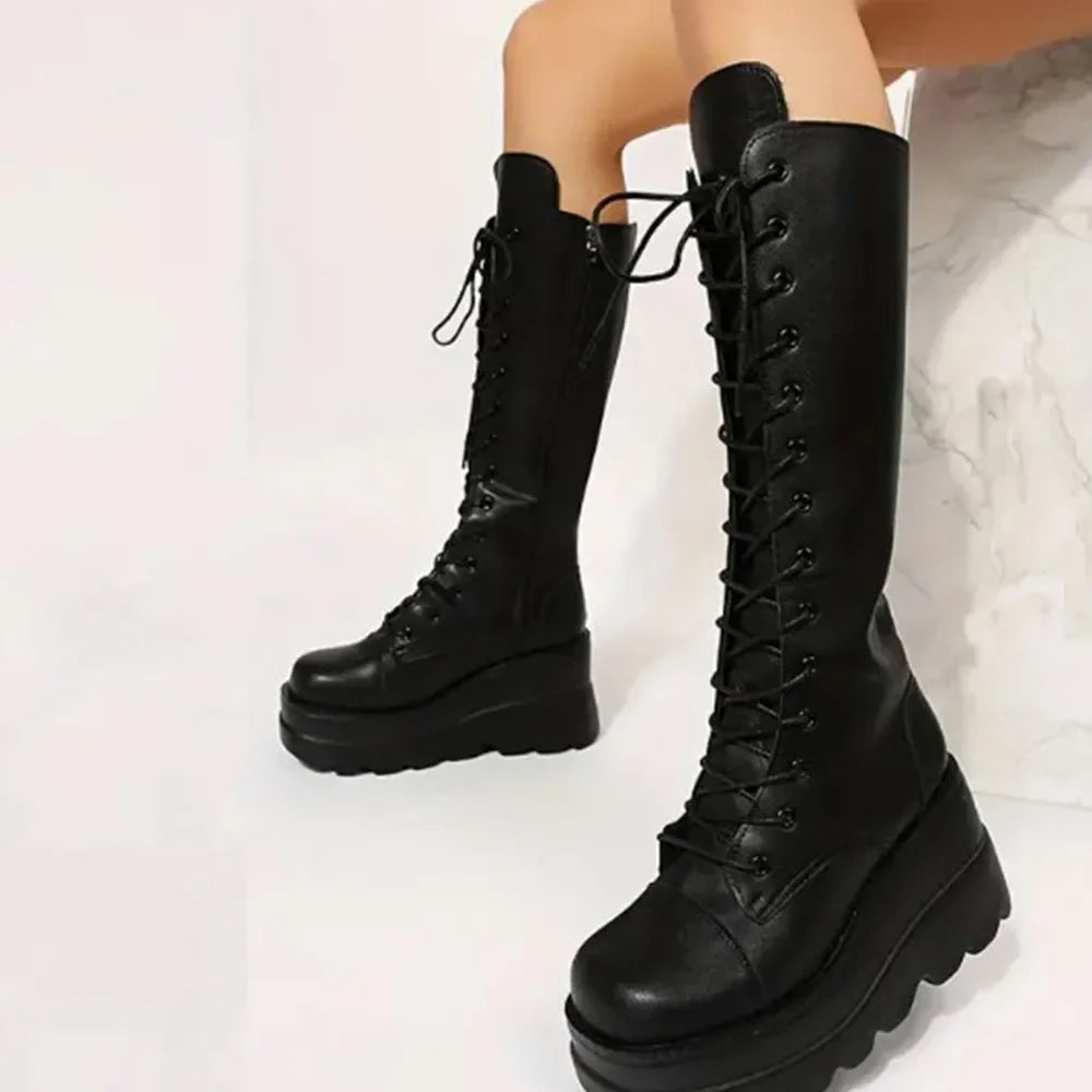 DoraTasia Women’s Black Gothic Mid-Calf Boots – Round Toe, Side Zipper Lace-Up Street & Christmas Party Shoes