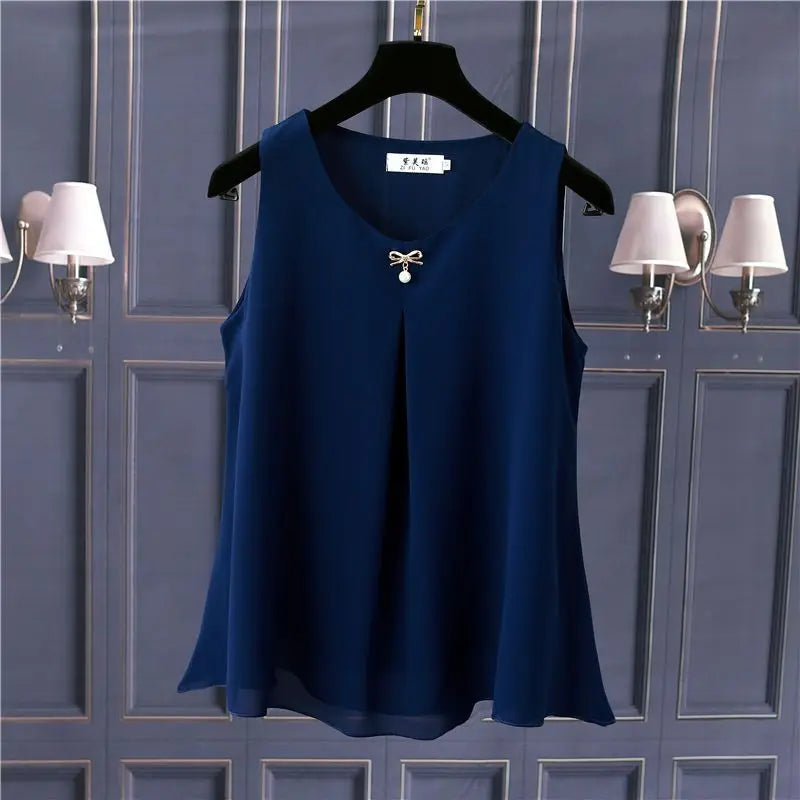 Women's Chiffon V Neck Blouse - Loose Sleeveless Plus Size Fashion Top M-5XL