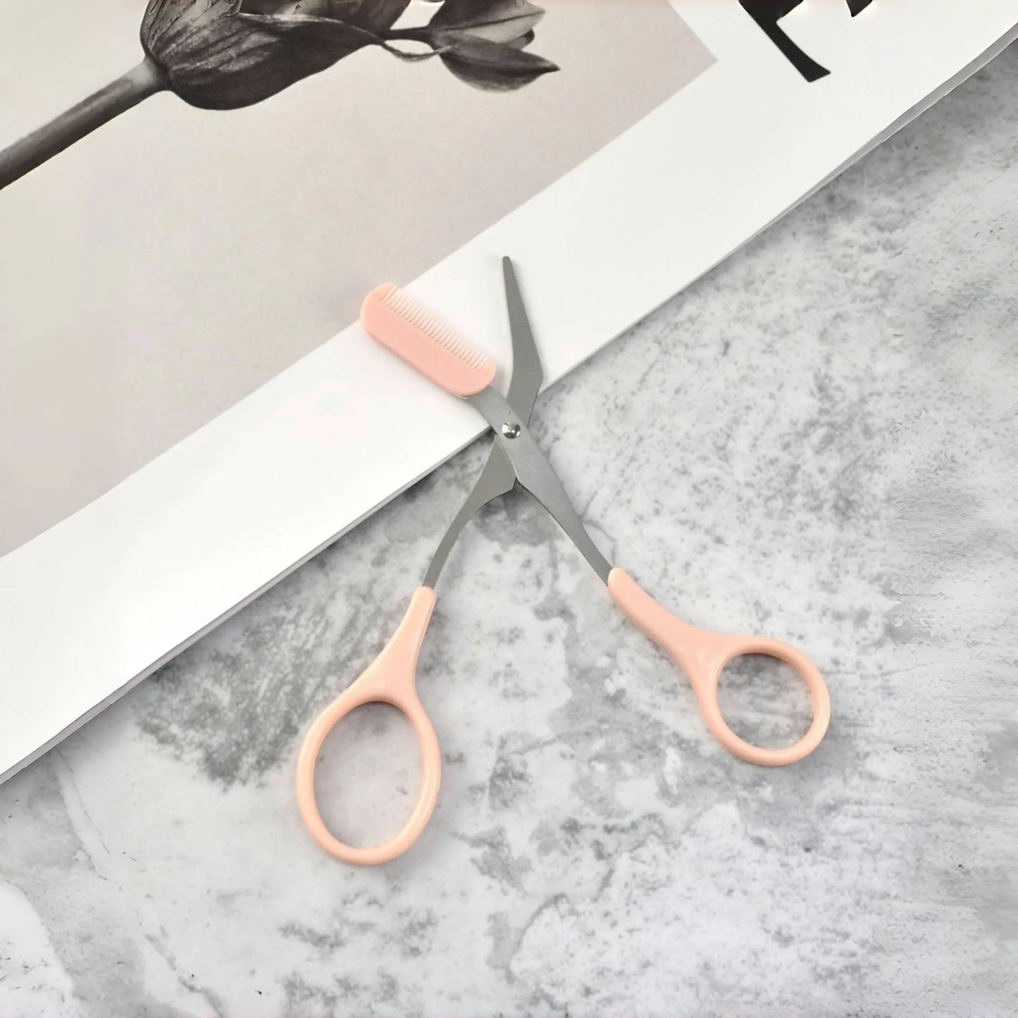 Pink Eyebrow Trimming Scissors - Stainless Steel Brow Grooming Tool with Built-In Comb