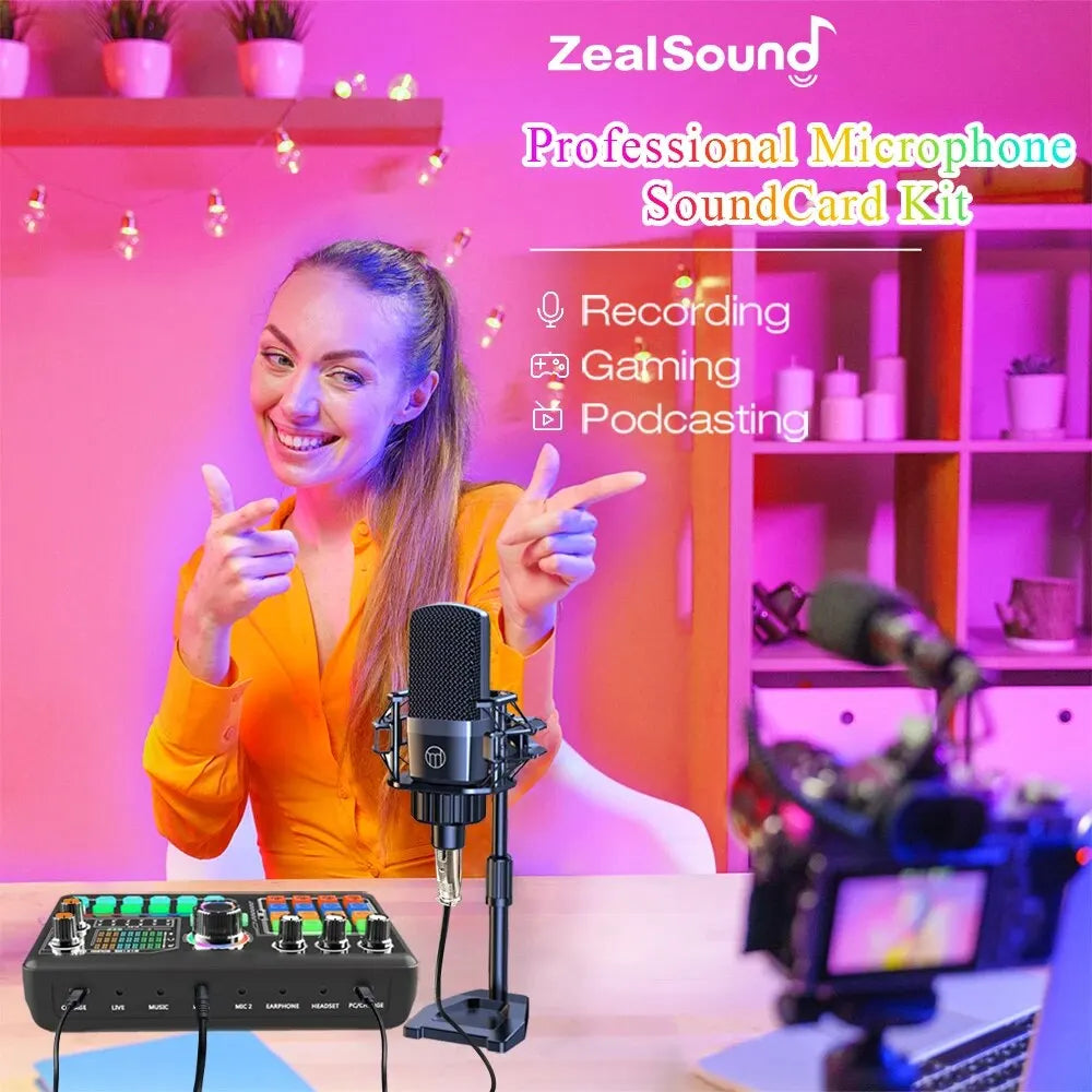 Zealsound Professional Podcast Microphone Kit - Sound Card Audio Interface for PC, Smartphone, Laptop Vlog Recording & Live Streaming