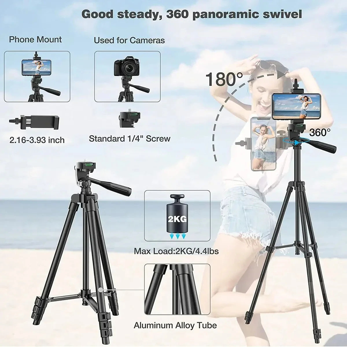 Phone Camera Tripod Stand – Lightweight with Bluetooth Remote, Universal Phone Holder for Photography, Compatible with Xiaomi, Huawei, DSLR