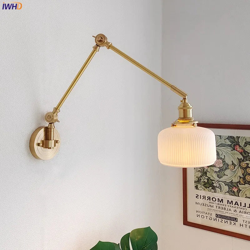 IWHD 2022 Ceramic Copper LED Wall Lamp — Adjustable Swinging Long Arm Light for Bedroom & Living Room