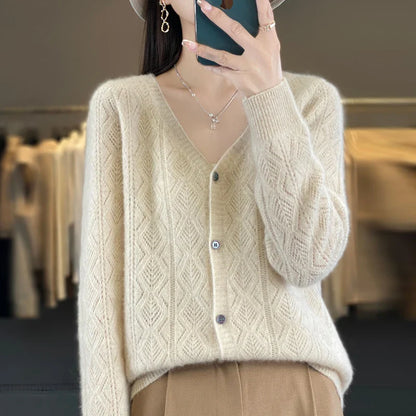 Women's 100% Wool Cashmere Cardigan – V-Neck, Super Soft, Loose Fit, Long Sleeve Knit Sweater