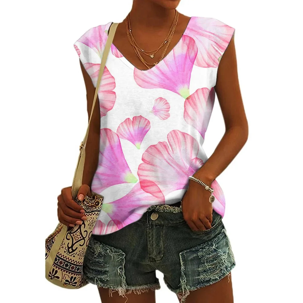 Women’s Floral Print T-Shirt - V Neck Cap Sleeve Loose Fit Summer Beach Top with Breathable Casual Style