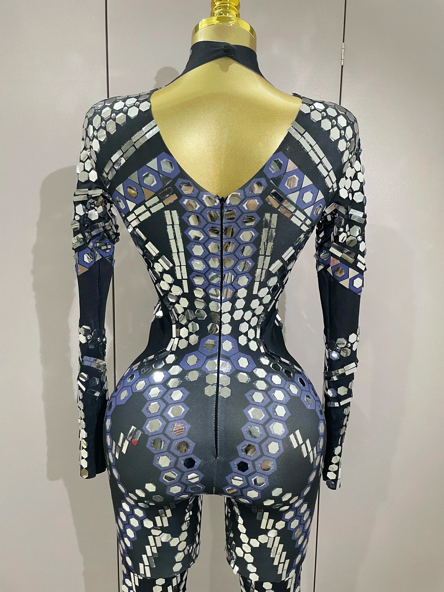 Sexy Shiny Silver Sequin & Black Spandex Jumpsuit — 2025 Women’s Prom, Dancer & Stage Performance Costume