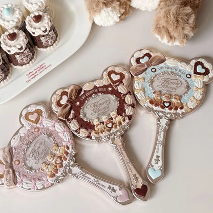 Flower Knows Sweetie Bear Handheld Mirror – 3 Styles, Exquisite Relief Design, Cute HD Makeup Tool