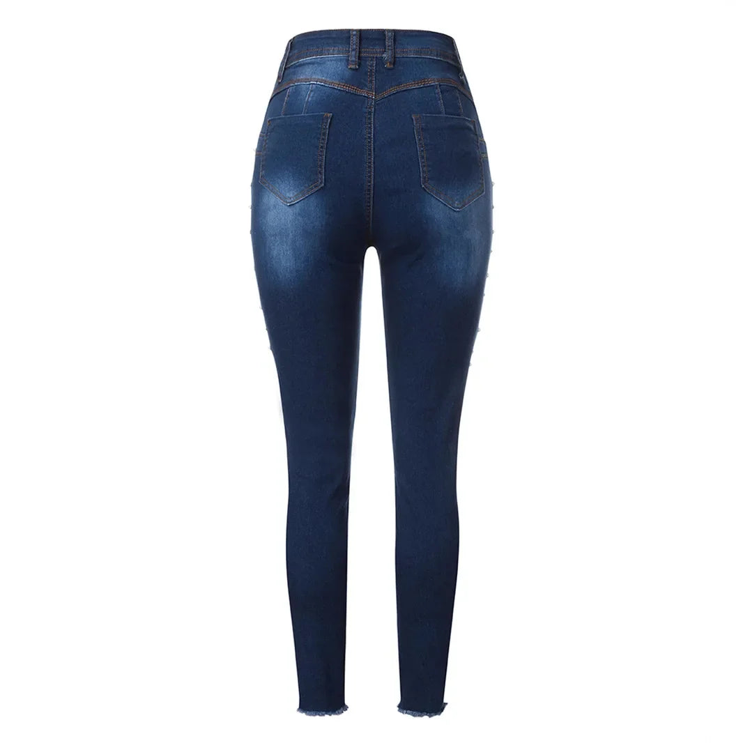 Women’s High Waist Slimming Jeans - Hip Lifting Stretch Pencil Denim Pants with Diamond Bead Fashion Detail