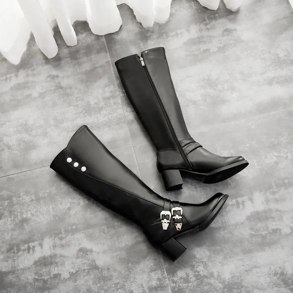 Women's Knee High Riding Boots - Winter Glamour Brown Red Chunky Heel Fashion Boots Plus Size Footwear