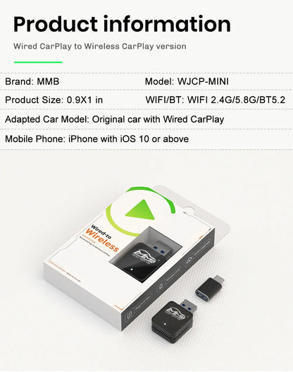 MMB Mini Wired to Wireless CarPlay Adapter – USB Plug & Play, Bluetooth 5.2 for Honda, Toyota Corolla, Peugeot 3008