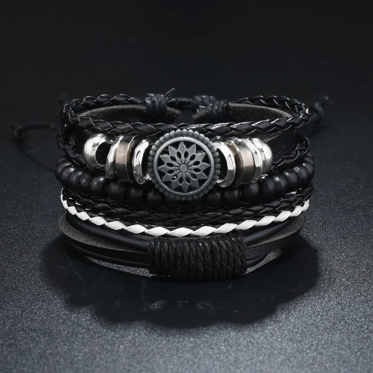 4Pcs Men's Braided Leather Bracelets Set – Vintage Life Tree & Rudder Charms, Wood Beads, Ethnic Tribal Wristbands