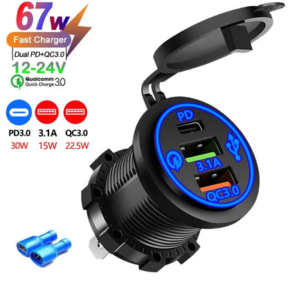 USB Car Charger 12/24V - Dual Socket PD3.0 & QC3.0 Fast Charging Station with LED Voltmeter Switch