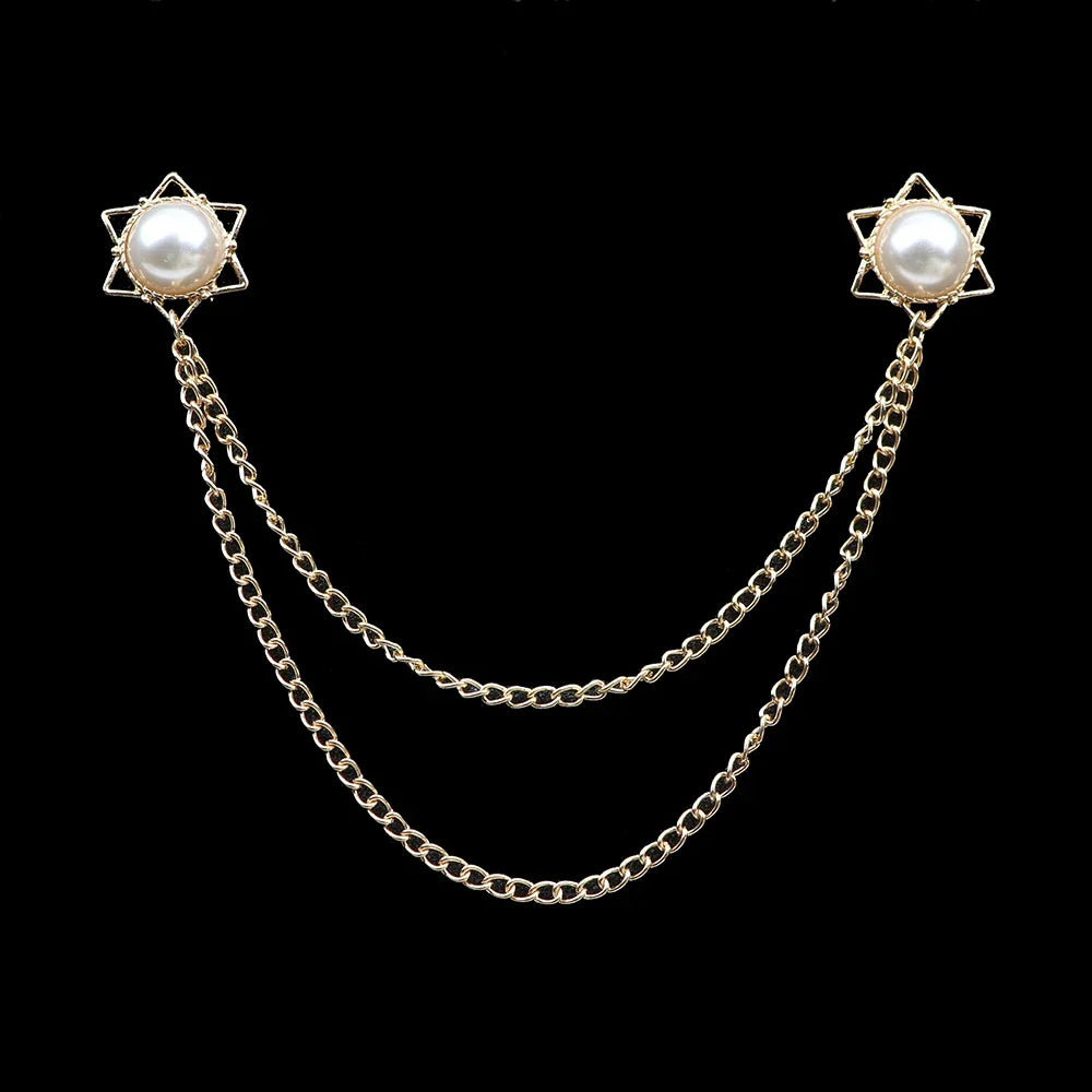 Fashion Gentleman Tassel Brooch – Men’s Suit & Shirt Lapel Pin with Chain, Pearl & Star for Wedding or Party