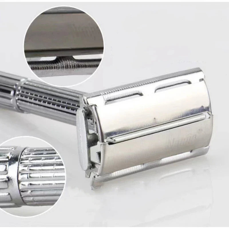 Men’s Shaving Razor with Blade – Silver Folding Stainless Steel Straight Razor for Facial Hair, Barber Shaving Tool with Holder