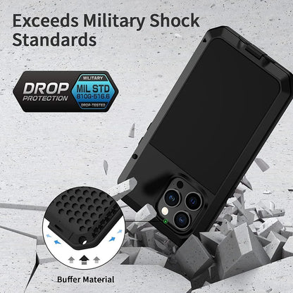 Heavy Duty Aluminum Metal Case for iPhone 16/15/14/13/12/11 Pro Max – Shockproof Gorilla Glass Cover for iPhone XS Max/XR/7/8
