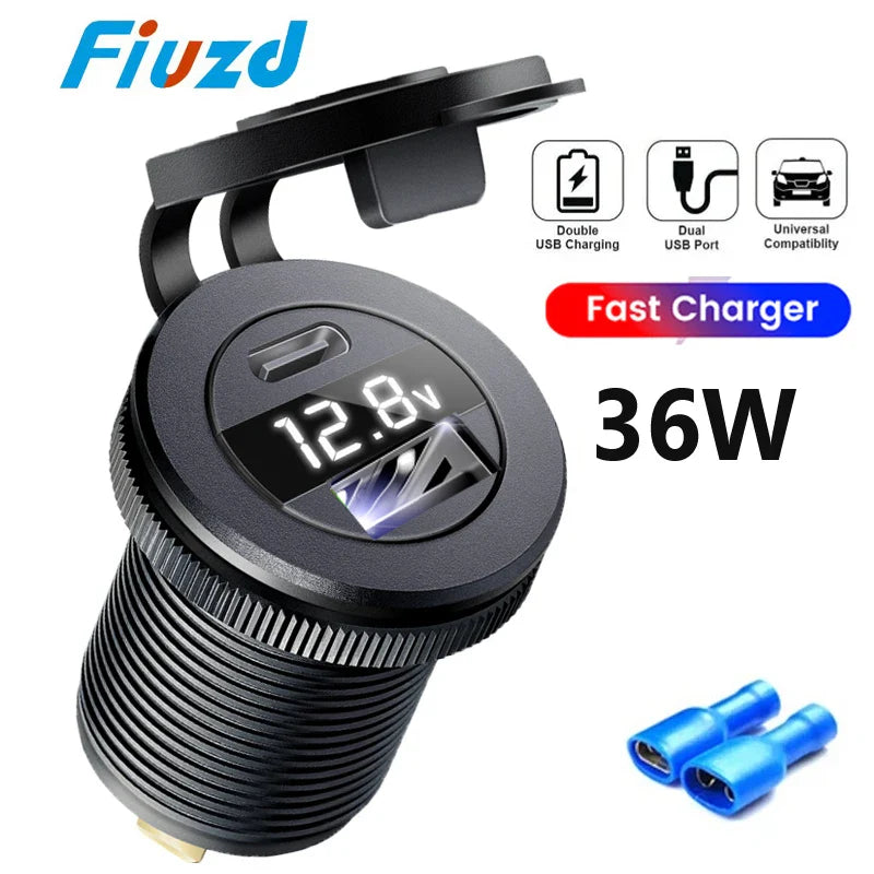USB Car Charger PD 3.0 Quick Charge Power Socket with LED Voltmeter 12V/24V Waterproof Dual Port for Car Boat Universal Power Outlet