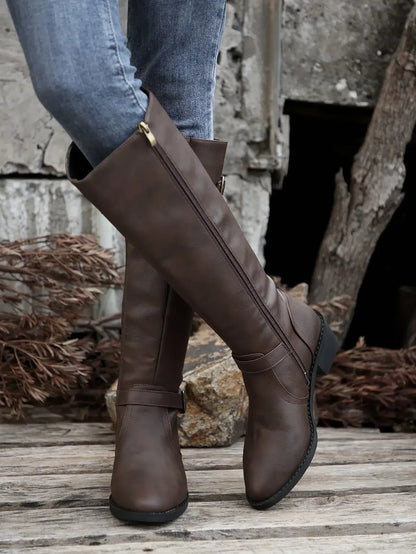 Women’s Winter High-Top Knight Boots – Side Zipper & Belt Buckle, Pointed Toe, PU Material with Cotton Lining