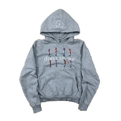 Y2K Gray Sports Hoodie — Retro Smoke Print Sweater, Unisex Vintage Hip Hop Streetwear Loose Jacket