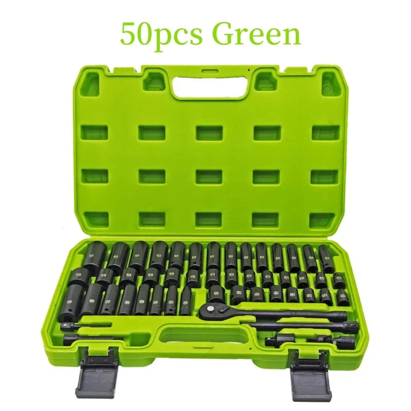 50PCS 3/8 Inch Pneumatic Socket Set - Metric Long & Short Sleeves for Auto Repair, Machinery & Hardware Tools