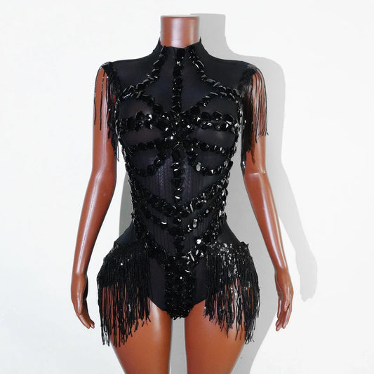 Sexy Shiny Silver Sequin & Black Spandex Jumpsuit — 2025 Women’s Prom, Dancer & Stage Performance Costume