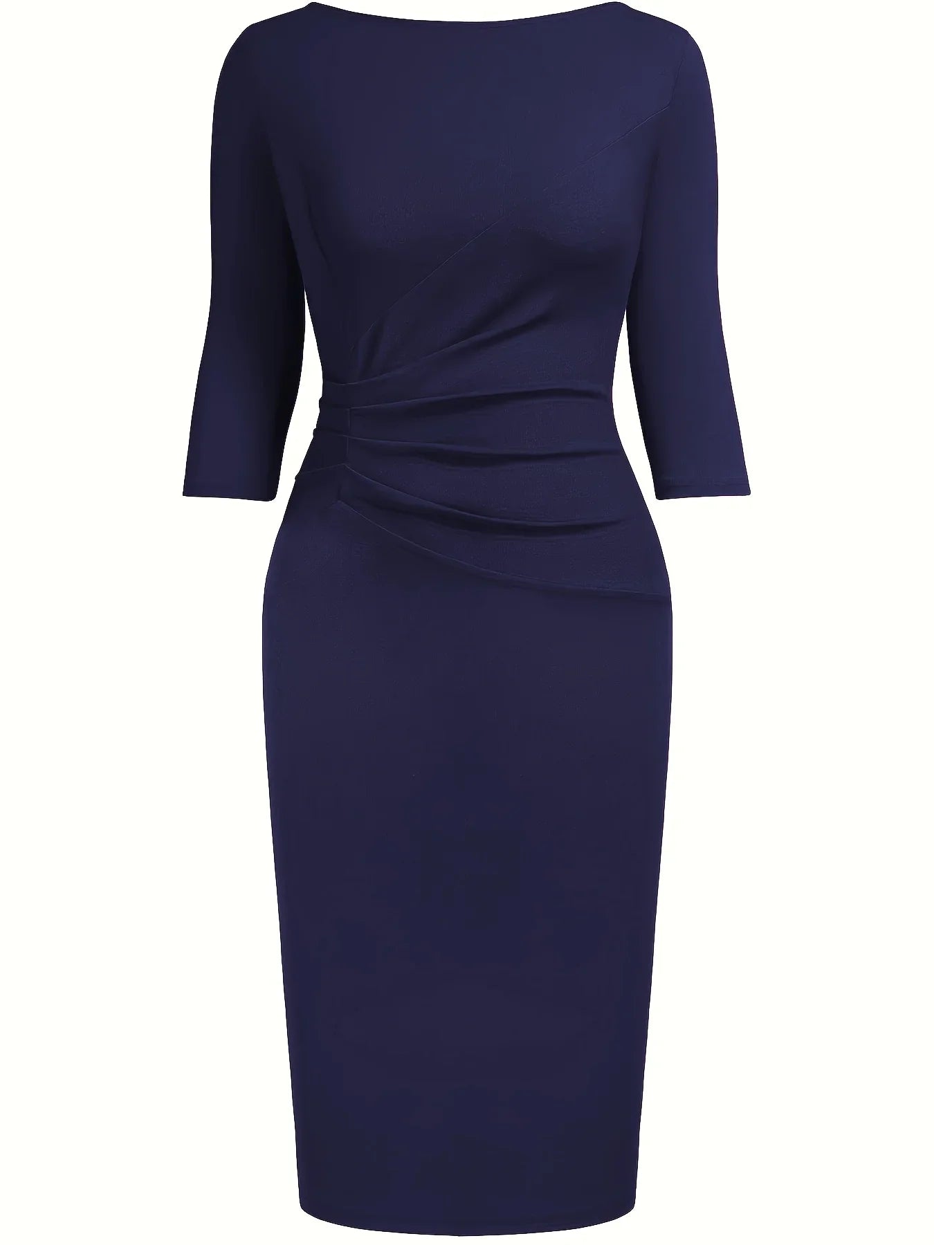 Women’s Elegant Bodycon Sheath Dress - 2/3 Sleeve Round Neck Knee Length Business Casual Office & Party Ruched Dress