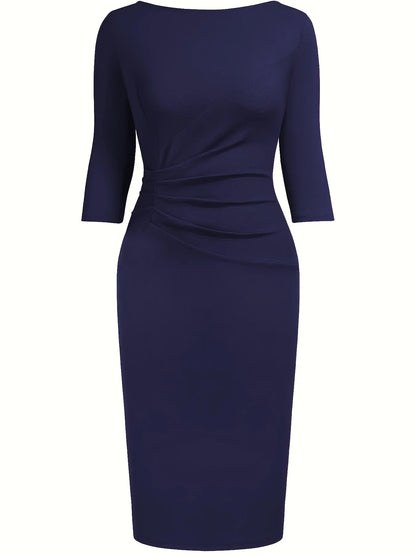 Women’s Elegant Bodycon Sheath Dress - 2/3 Sleeve Round Neck Knee Length Business Casual Office & Party Ruched Dress