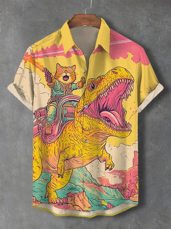 Men’s Cat Graphic Button Down Shirt - Oversized Short Sleeve Summer Hawaiian Vacation Top