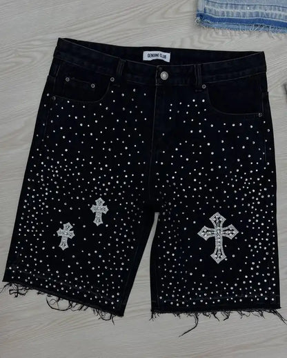 Streetwear Vintage Rhinestone Denim Shorts – Y2K Washed Baggy Casual Over-the-Knee Shorts for Men & Women