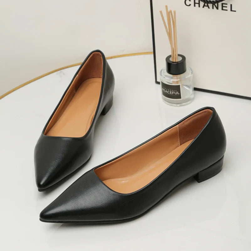 Women’s Pointed Toe Leather Heels – Shallow Mouth Square Heel Elegant Dress Shoes, Zapatos Mujer