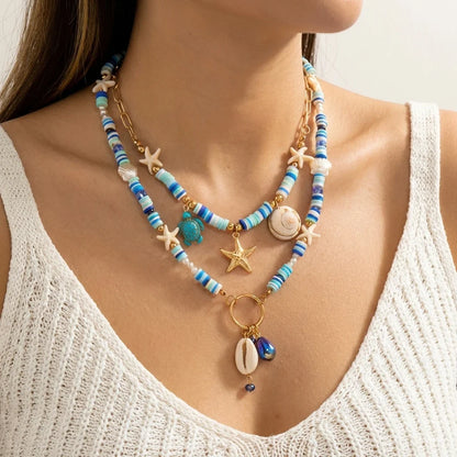 Bohemian Shell Layered Necklace - Vintage Starfish & Turtle Blue Beaded Beach Jewelry for Women
