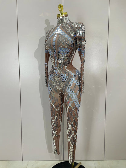 Sexy Shiny Silver Sequin & Black Spandex Jumpsuit — 2025 Women’s Prom, Dancer & Stage Performance Costume