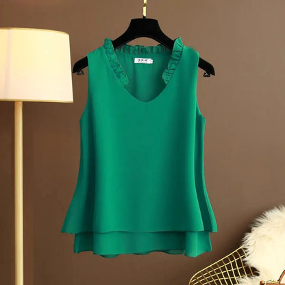 Women's Chiffon V Neck Blouse - Loose Sleeveless Plus Size Fashion Top M-5XL