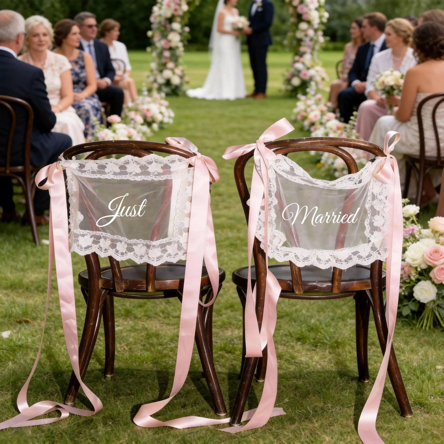 Personalized Just Married Chair Signs - Lace Wedding Chair Banners for Bride & Groom