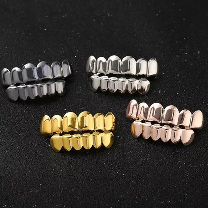 Glossy Teeth Grillz Set - Top & Bottom Anti-Slip Copper Dental Caps Gold Silver Halloween Jewelry Accessory