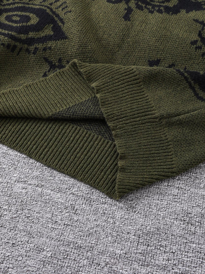 Men's Abstract Eye Jacquard Sweater - Round Neck Knitted Autumn Winter Casual Pullover Top