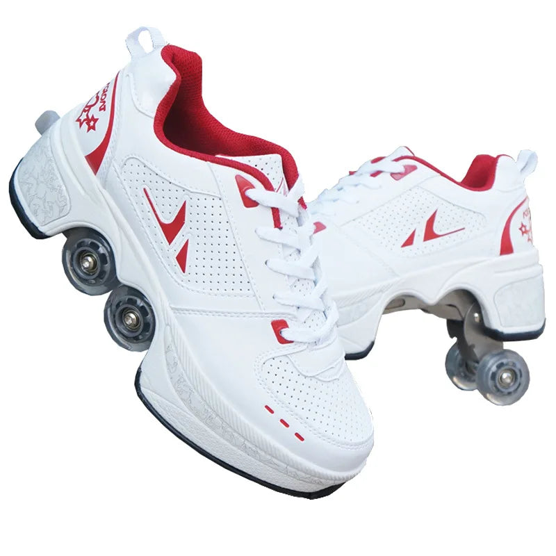 Dual Purpose Roller Skates Shoes - Adjustable Double Row 4-Wheel Deformation Roller Sneakers for Kids & Teens Size 33-44