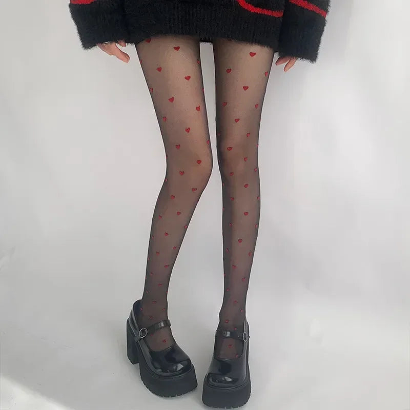 Red Heart Print Silk Stockings — Sexy Nylon Tights for Women, Girls’ Christmas Gift & Nightclub Hosiery