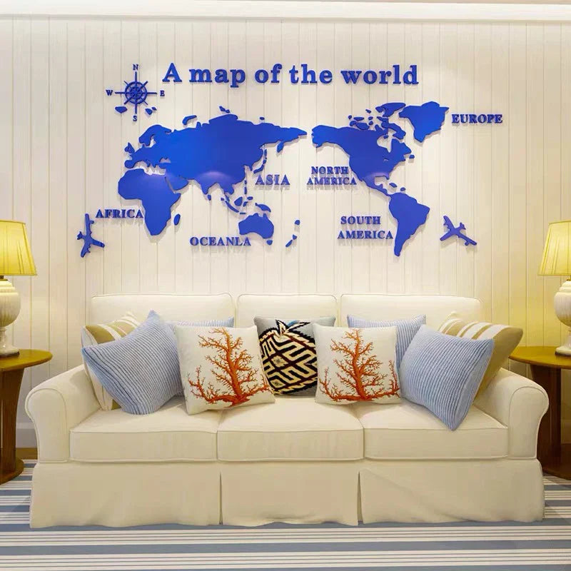 3D Acrylic World Map Wall Stickers – Three-Dimensional Mirror Decals for Bedroom & Office Decoration