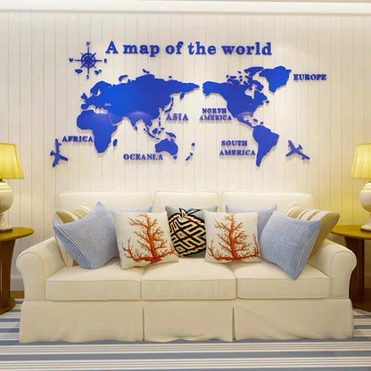 3D Acrylic World Map Wall Stickers – Three-Dimensional Mirror Decals for Bedroom & Office Decoration