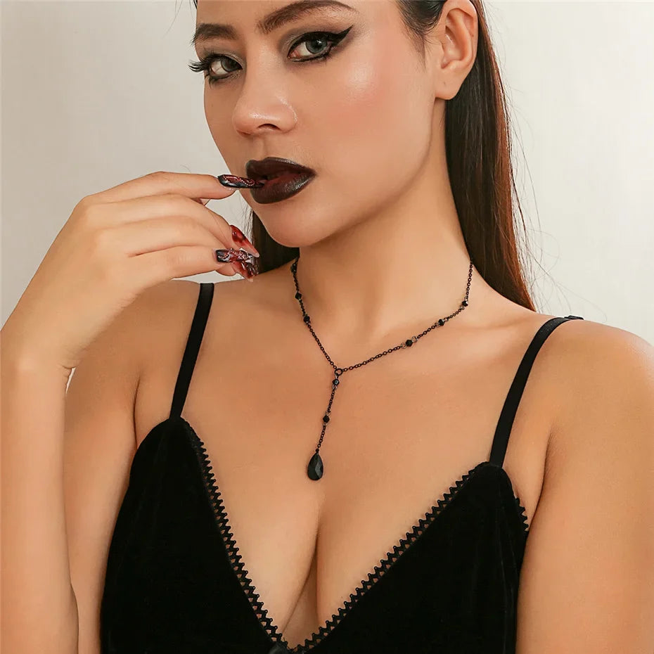 Goth Black Crystal Chest Chain Necklace - Vintage Water Drop Choker Jewelry for Women Y2K Halloween Style Accessories