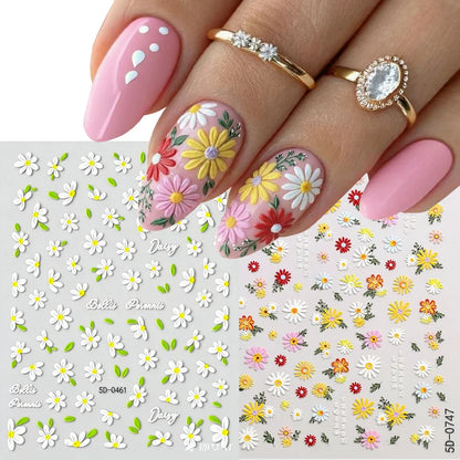 5D Daisy Nail Art Stickers - White Flower & Green Leaf Embossed Decals for DIY Spring Summer Nail Decoration