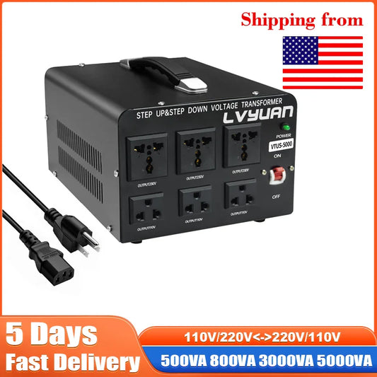 LVYUAN Voltage Converter Transformer 500VA-5000VA — Heavy Duty Step Up/Down with US & EU Outlets, 5V USB Port, CE Certified