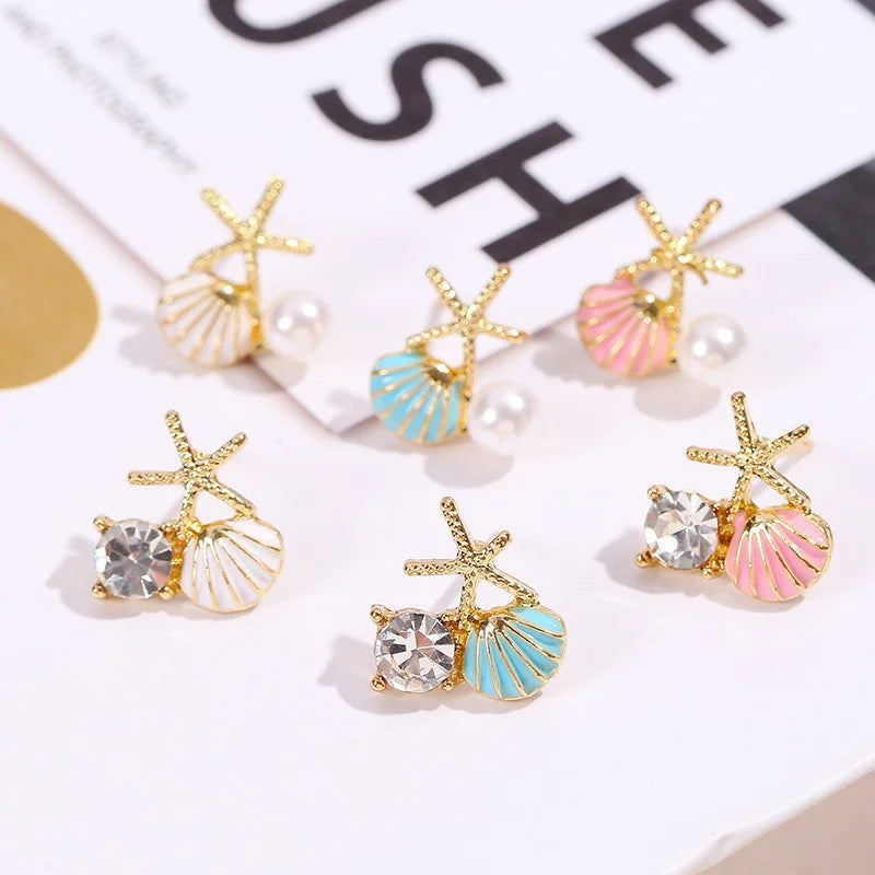 Ocean Style Asymmetric Earrings - Starfish Shell Pearl Zircon Stud Jewelry Gift for Women