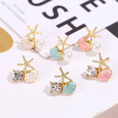 Ocean Style Asymmetric Earrings - Starfish Shell Pearl Zircon Stud Jewelry Gift for Women