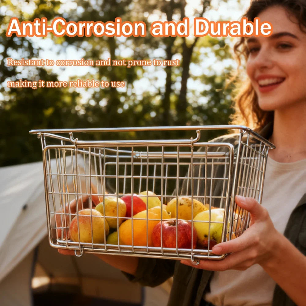 Folding Stainless Steel IGT Basket - 10L Portable Camping Drain Basket & Table Organizer Accessory