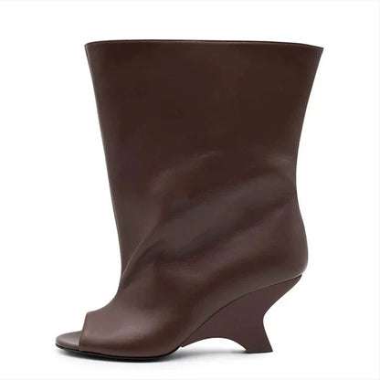 Women’s Knee-High Suede Boots - Peep Toe Wedge Heels for Party, Wedding & Versatile Style